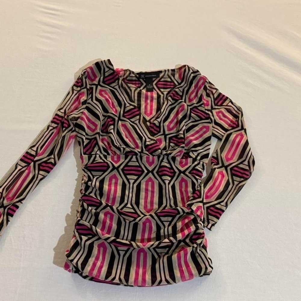 INC International Concepts Geometric Mesh Top Pink Black V-Neck Ruched Medium